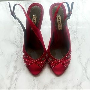 Alfani red satin peep toe strappy sandal with small rhinestones 3.5” heel